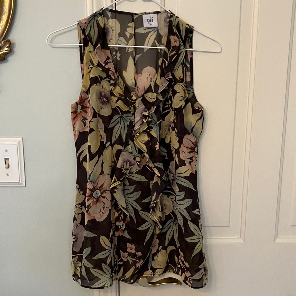 CAbi Floral Ruffle Sleeveless Blouse - Black and Green